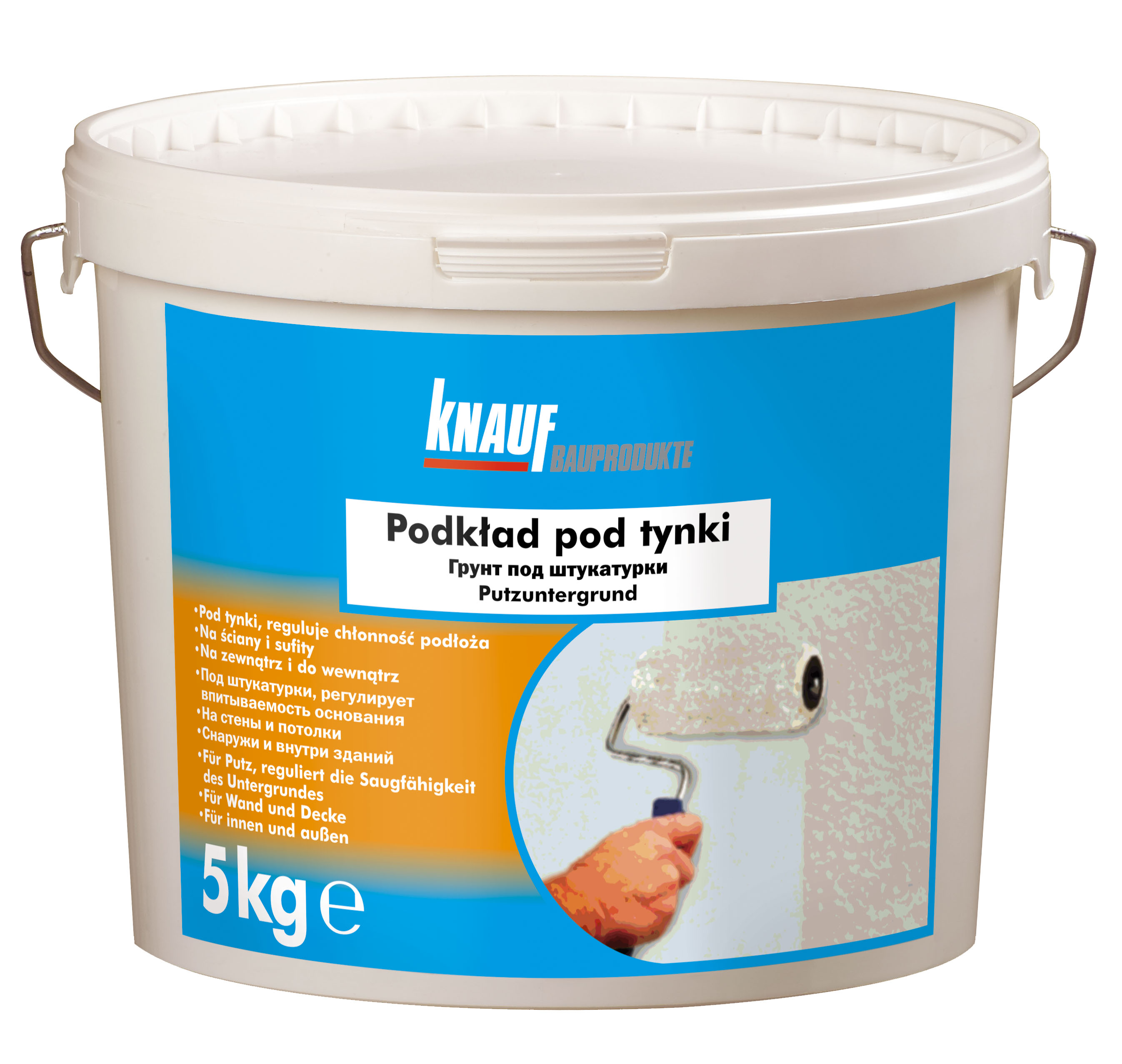 Białe wiadro z niebieską etykietą firmy KNAUF, przedstawiające podkład pod tynki z ilustracją wałka malarskiego aplikującego preparat na ścianę.